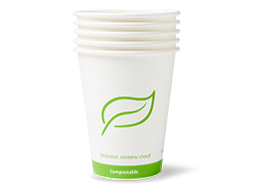 Stack of compostable paper cups with an "eco" leaf printed on them