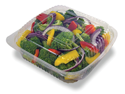 Clear, square to-go container filled with salad