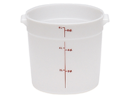 White, plastic foods storage bucket with red, graduated markings on the side