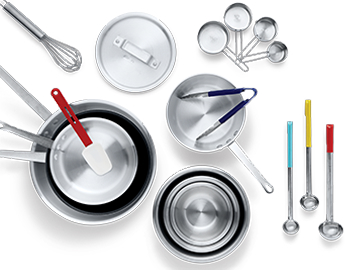 Collection of metal cookware, serveware and utensils