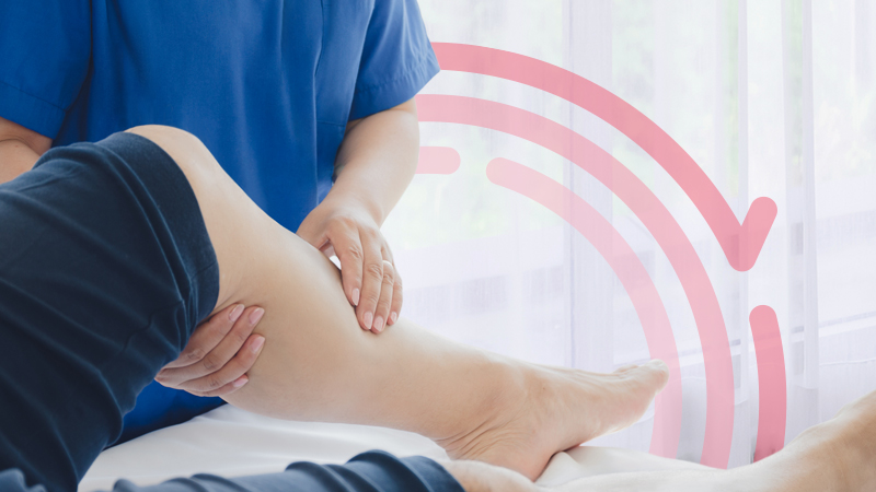 STK_Lower-Extremity-Wound-Recurring_Circles_RGB Clinician holds patient's bent leg at the calf, while other leg is outstretched
