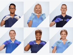 Six clinicians showing how to use a disinfection cap