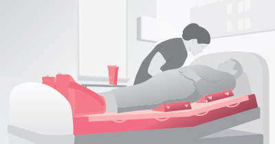 STK_Patient-jurney_icu_RGB Illustration of clinician standing by a patient's hospital bed