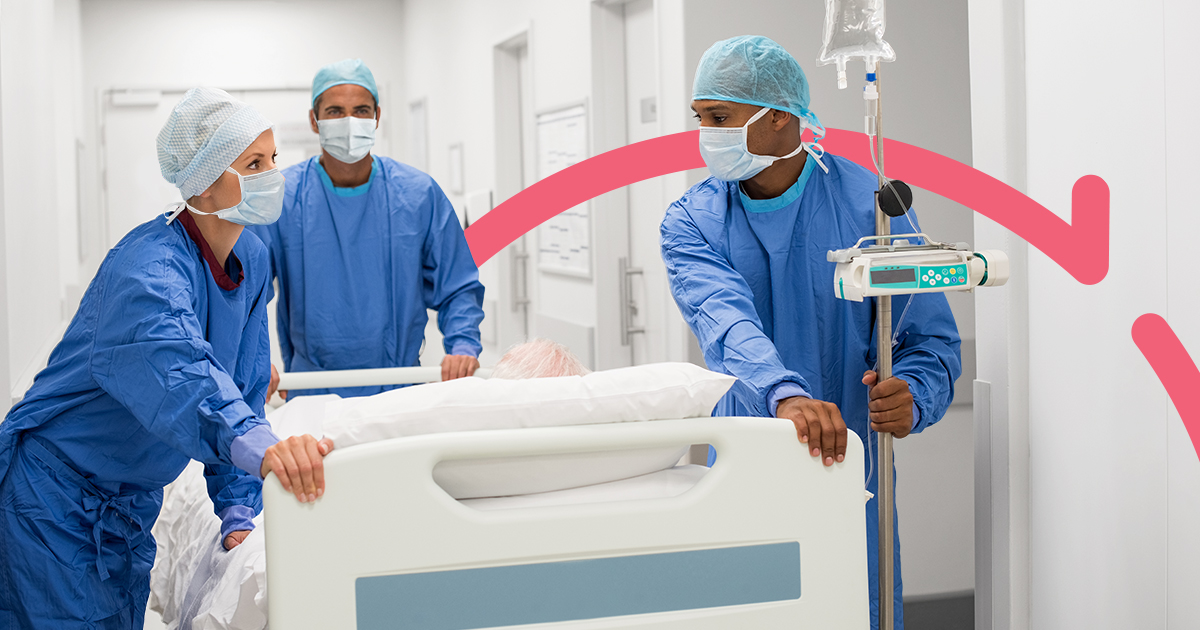 STK_Patient-jurney_circle_RGB Three clinicians in scrubs pushing a person on a stretcher