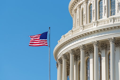 Government-module-min Quarter shot of US capitol with flag waving beside it, sky with a few clouds in the background.