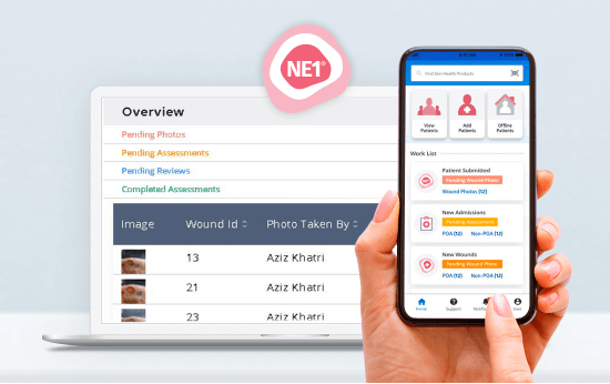 app-form Images on smart phone screen and laptop of sample data from NE1 Wound Management System