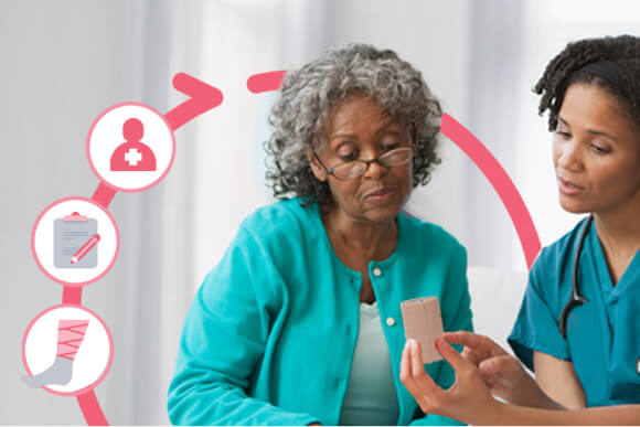 Clinician shown in careful discussion with patient about care options.