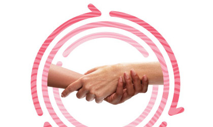 Two hands clasping in three concentric pink circles