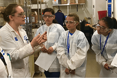 employees-in-labcoats Female Medline employee in lab coat and glasses speaking with visiting students, also in lab coats and glasses.