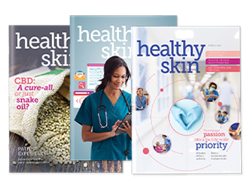 Thumbnail images of three covers of past issues of Healthy Skin magazine