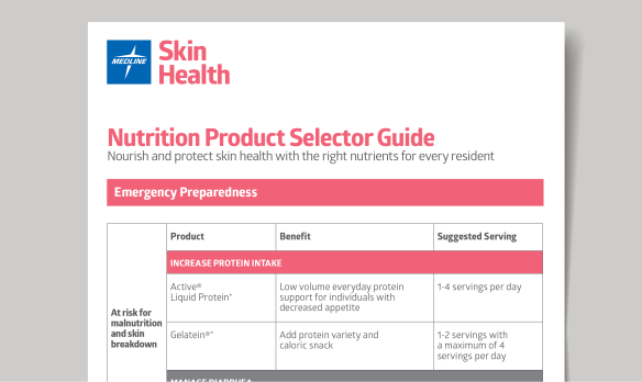Medical nutrition product selector guide document displayed against gray background