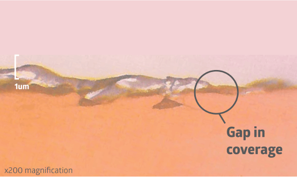 solvent-barrier At same level of magnification, a thinner solvent-based barrier with gaps in coverage applied to pig skin surface