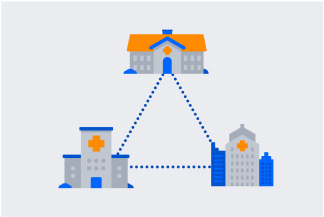 drawing of three different hospitals connected by a dotted triangle