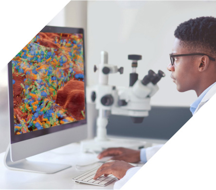 Clinician looking at screen with simulated close-up of biofilm