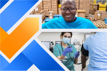 engaging-thought-leadership Clockwise from top: smiling warehouse worker, caregiver checking a patient's blood pressure, perpendicular stripes in two different colors.