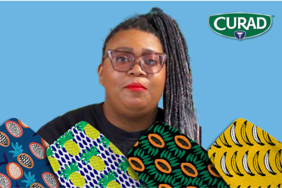 photo of artist Kendra Dandy, CURAD logo in top right corner and bandages she designed on the bottom border