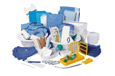 procedure-packs display of various items needed to perform surgery: gloves, gauze, surgical instruments, pads, etc.