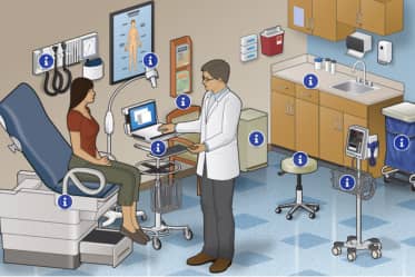 An illustration shows a possible exam room decor design.