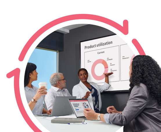 best-practices-desk-banner Medline clinician pointing to report with people seated and listening