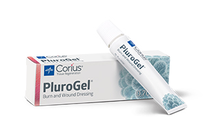 BAN_Plurogel_WEB_RGB Product box with a tube of PluroGel resting on it.