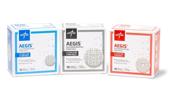 benefits-of-aegis-form shows boxes of 3 sizes of AEGIS CHG impregnated foam discs