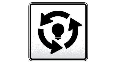 White road sign with continuous improvement icon