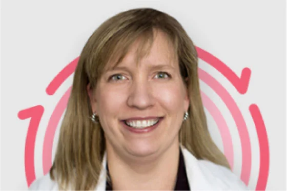 Headshot of Dr. Kara Couch centered in the Skin Health logo of pink circular arrows