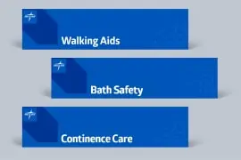 product-category-signage-min Image of in-store product signs, including walking aids and Compression Hosiery