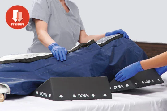 Caregivers move a patient using a repositioning sheet so that they can position wedges underneath