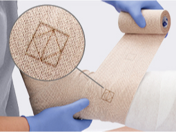 ideal-compression Clinician applying AccuWrap to leg, with inset showing accuracy indicator