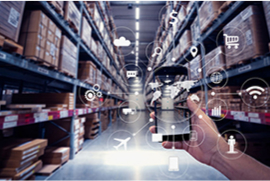 A long aisle of a Medline warehouse with icons representing different parts of a diversified supply chain.