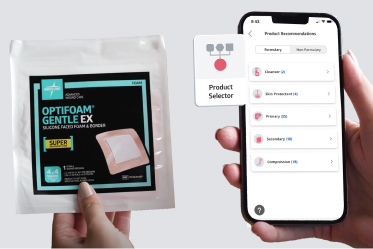 reduce-care variation-product Caregiver uses product selector tool on phone to select wound care product
