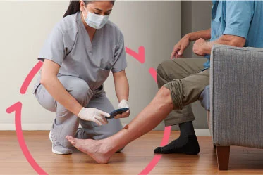 Caregiver takes a digital photo on her mobile device of a resident’s leg wound