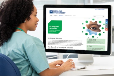 Clinician on computer looking at Medline University home page