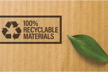 Brown box with the words 100% recyclable materials and a green leaf