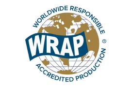 Globe with Worldwide Responsible Accredited Production written around it, the WRAP symbol