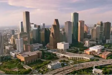 aerial image of Houston Methodist with city skyline