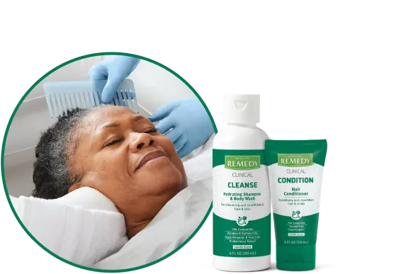 sebum-levels Older woman having her hair washed by gloved hands in medical type location