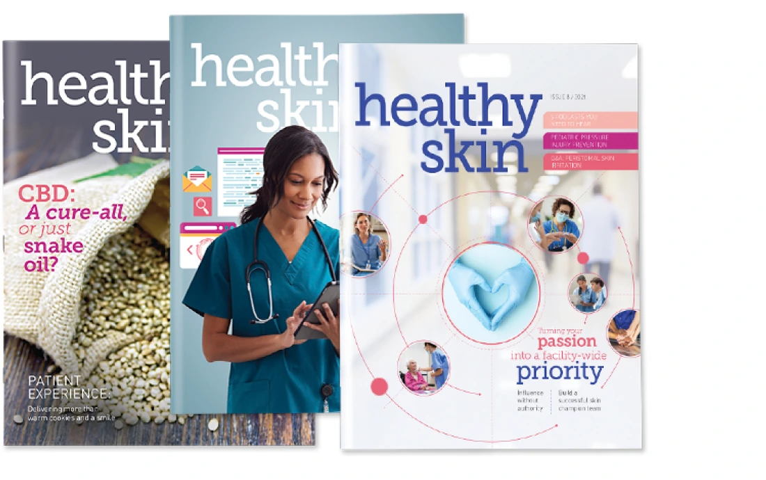 skin-health-form Thumbnail of magazine cover, showing gloved hands forming a heart and clinicians in action