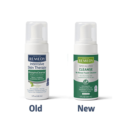 Remedy_Specialized_Cleanse_Old_New_RGB Old and new product packages of Remedy no-rinse foam cleanser for specialized needs