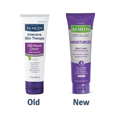Remedy_Specialized_Moisturize_Old_New_RGB Old and new product tubes of Remedy skin cream for specialized needs