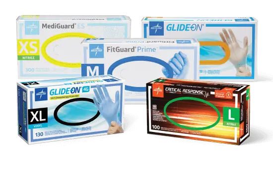exam-gloves-form Assortment of boxes of different kinds of Medline exam gloves that customers can sample