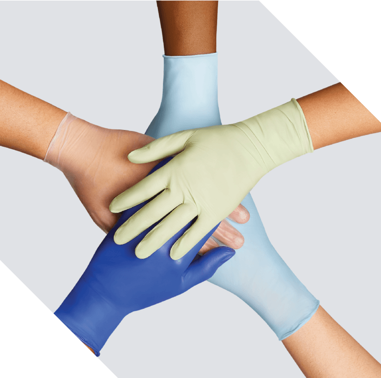 5 clinicians’ gloved hands overlapping