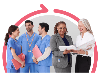 Medline specialist and healthcare leader in foreground, and three clinicians in background