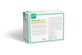 The box packaging for DermAssure Green surgical gloves