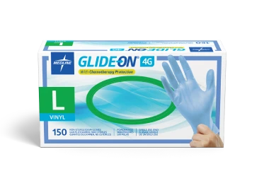 The box packaging for Glide-On 4G exam gloves