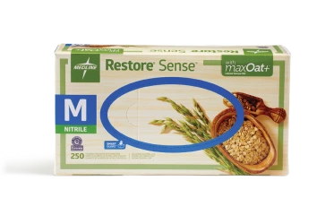 The box packaging for Restore Sense exam gloves