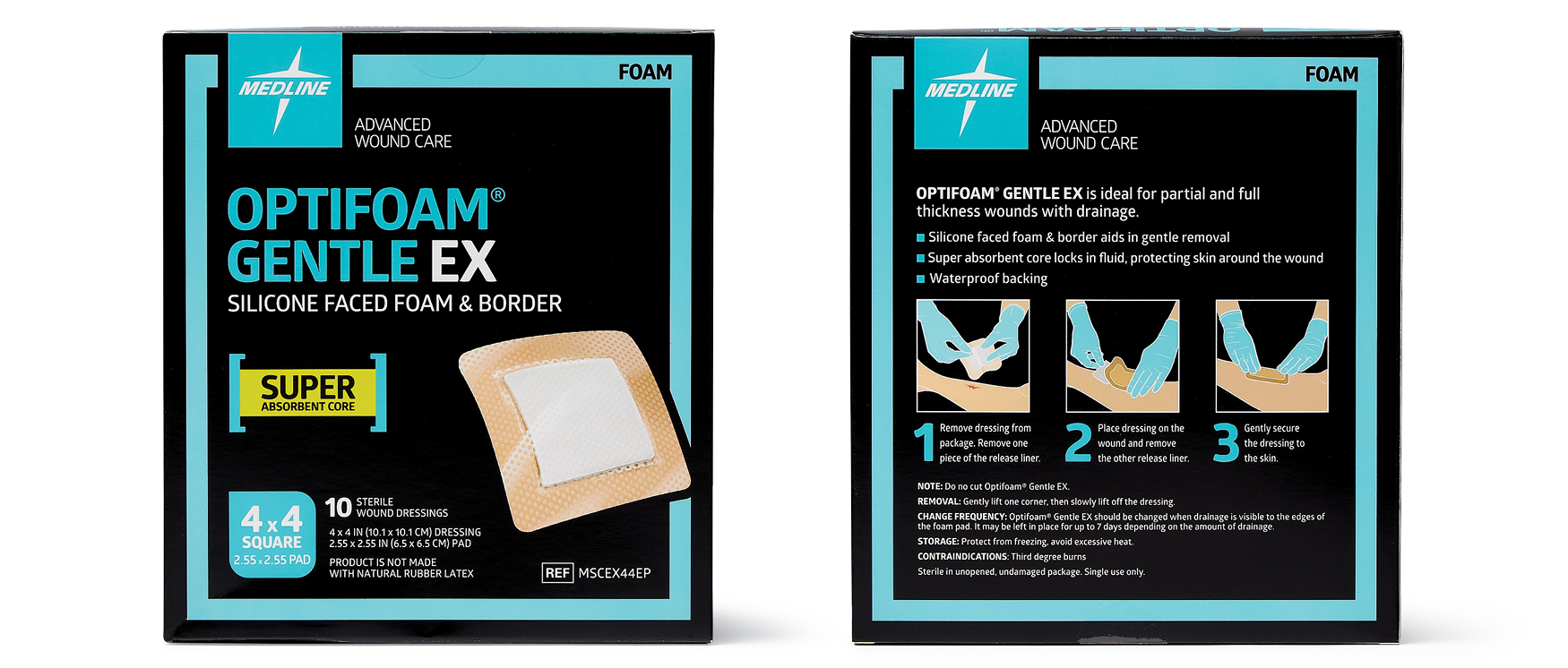 Medline Optifoam Gentle EX box front and back showing educational packaging