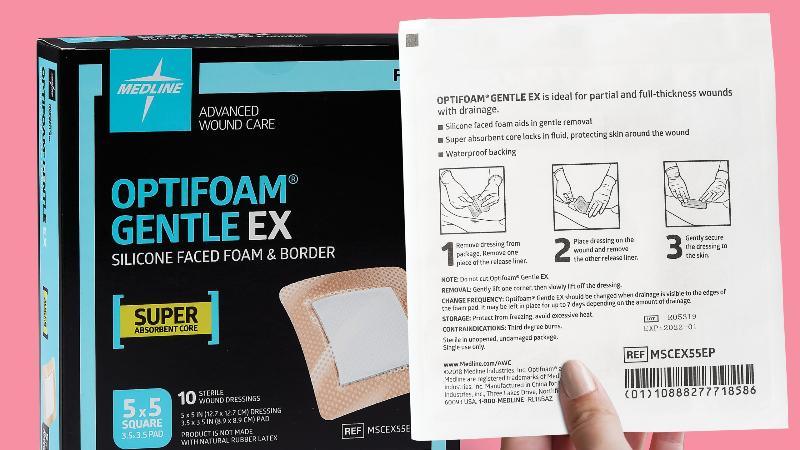 OTH_OptiFoam Gentle EX_Educational Packaging Hero Medline Optifoam Gentle EX box showing educational packaging