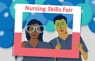 Two nurses holding up photo frame that says Nursing Skills Fair